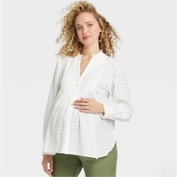 The Nines by Hatch Long Sleeve Pintuck Maternity Shirt White size XXL - Picture 1 of 9